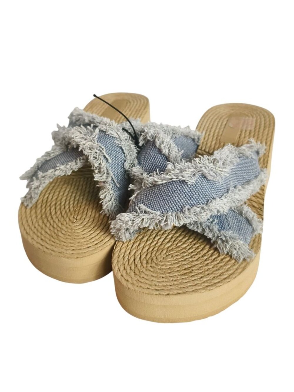 Womens 6 Frayed Denim Espadrille Platform Sandals Blue Rope Wedge Sole Casual